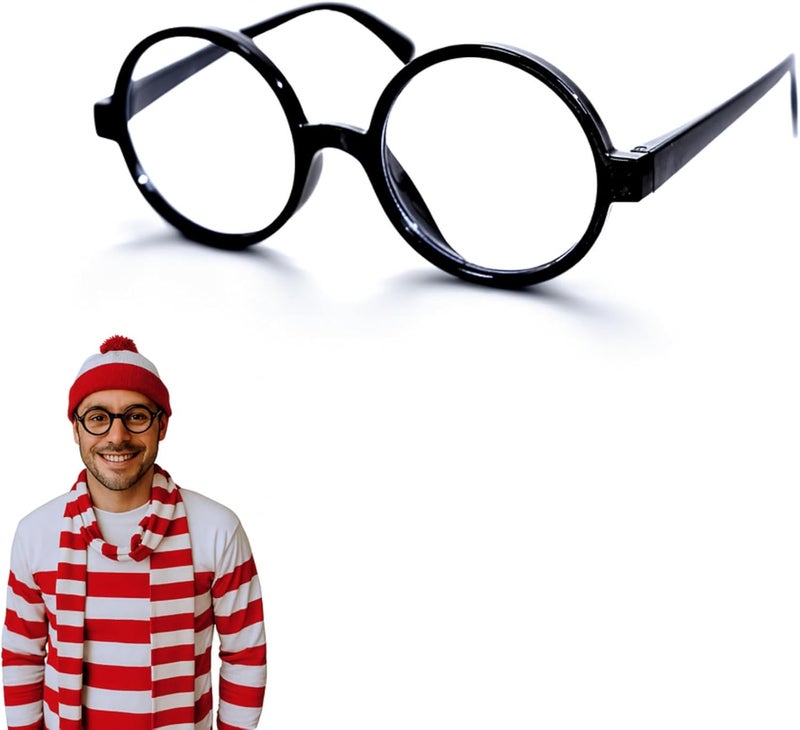 Goodscious Wheres Waldo Costume Round Glasses for Men & Women - Fake Nerd Glasses Novelty Costume - Black Circle Cosplay Round Eyeglasses Disguise for Harry Potter, Minion, Scientist Character Outfit Accessory - Image 1